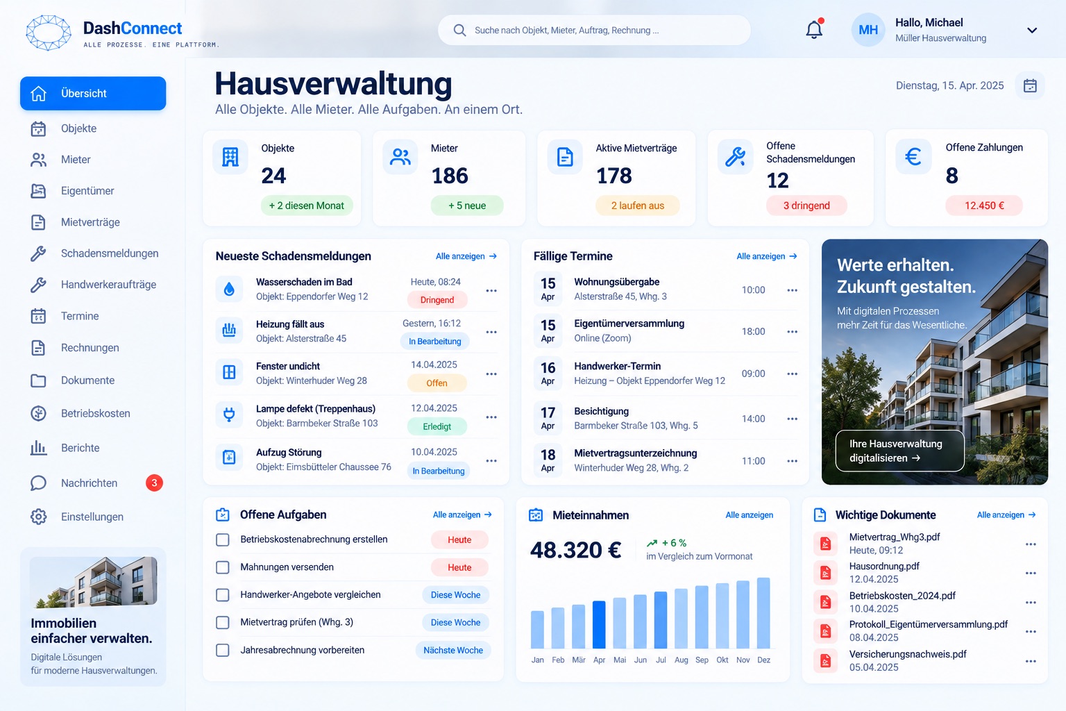 DashConnect-Beispielansicht für die Branche Hausverwaltung