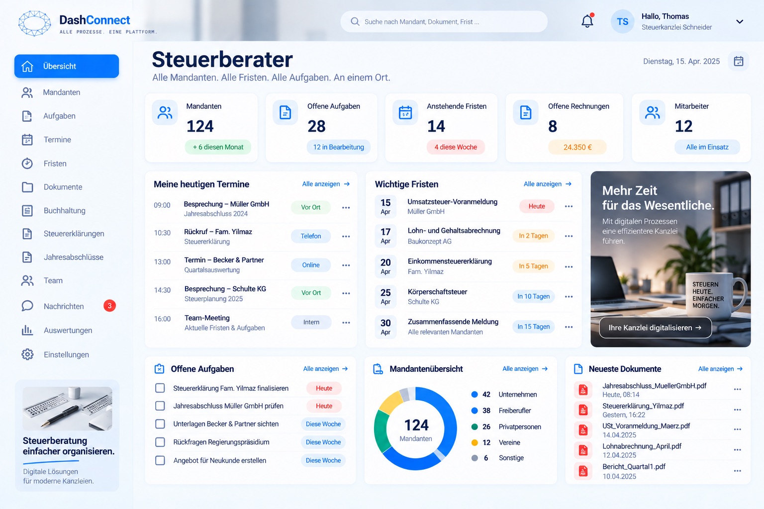 DashConnect-Beispielansicht für die Branche Kanzlei