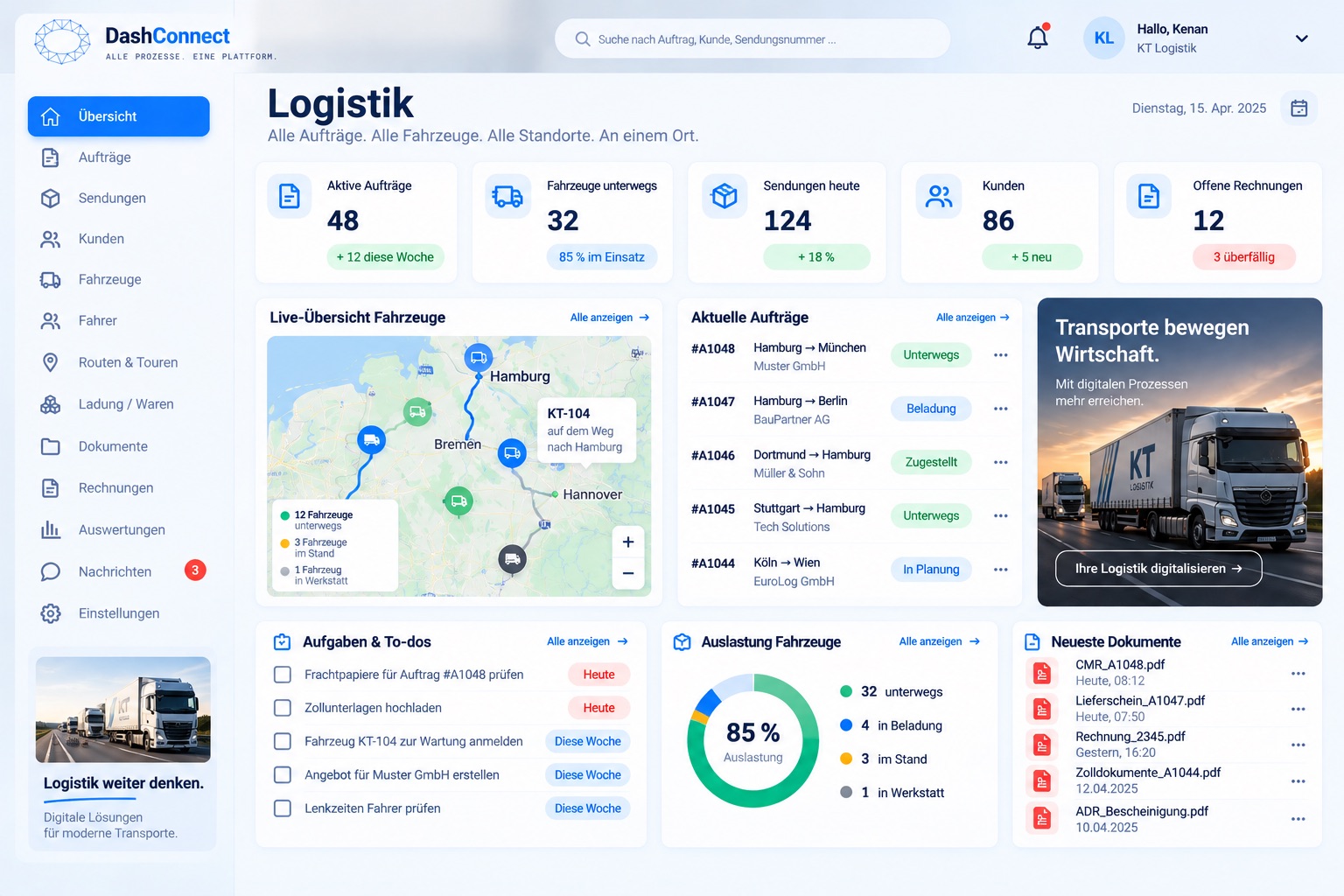 DashConnect-Beispielansicht für die Branche Logistik